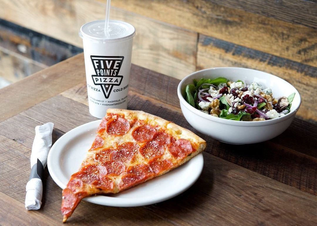 Five Points Pizza East signature dishes Pepperoni Pizza SliceGarlic KnotsProsciutto & Basil PizzaVodka Sauce Pizza